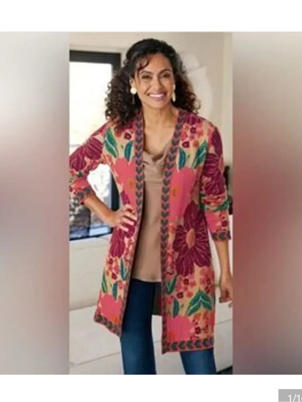 Soft Surroundings Pink Floral Open-Front Long Cardigan